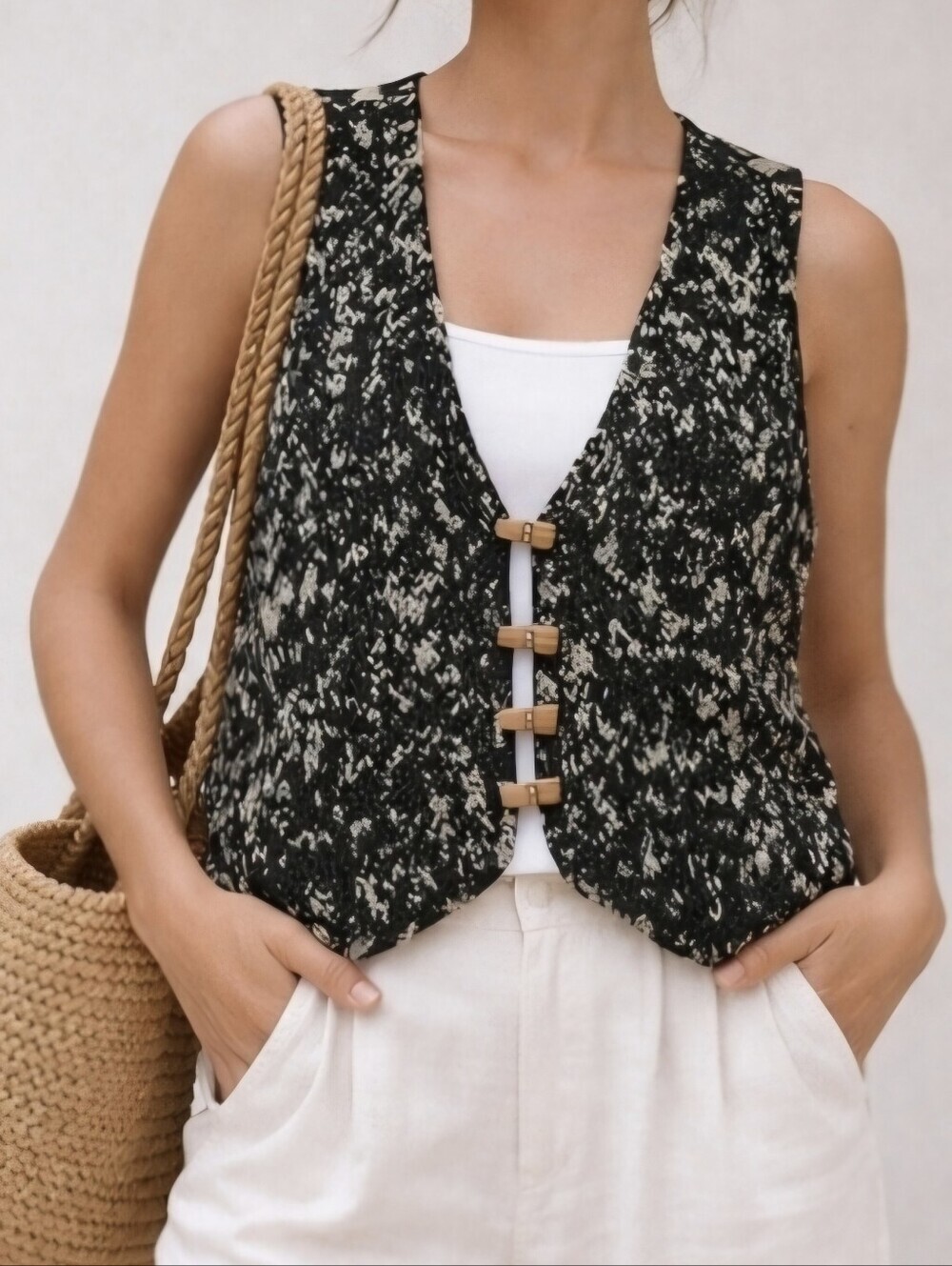 Savannah Woven Cotton Vest Boho Artisan Toggle Button Crochet Textured Medium